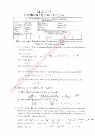 Calculus for Functions of Several Variables first short exam questions and solutions