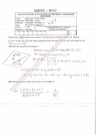 Calculus For Functions Of Several Variables Midterm Exam Questions And Solutions Summer 2014
