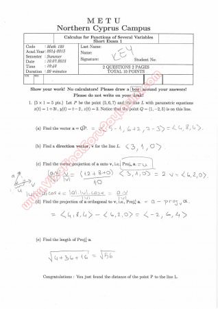 Calculus For Functions Of Several Variables First Short Exam Questions And Solutions Summer 2015
