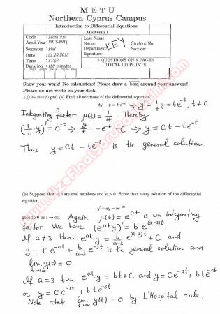 Introduction To Differential Equations First Midterm Exam Questions And Solutions
