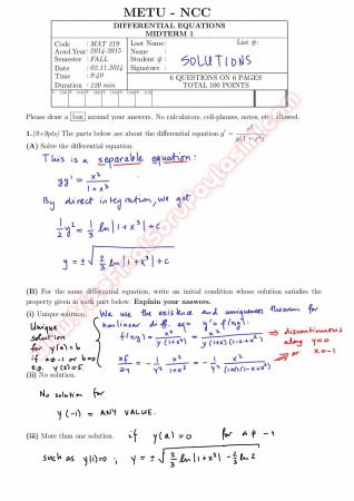 Differential Equations First Midterm Exam Questions And Solutions Fall 2014