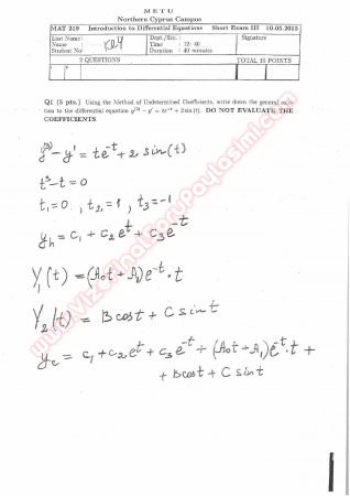 Differential Equations Third Short Exam Questions And Solutions 2015
