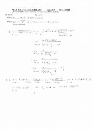 Matematik -1 2. Quiz Soru ve Çözümleri - EEM