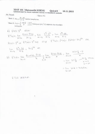 Matematik -1 3. Quiz Soru ve Çözümleri - EEM