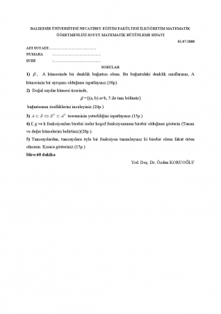 Soyut Matematik Bütünleme Soruları - 2008