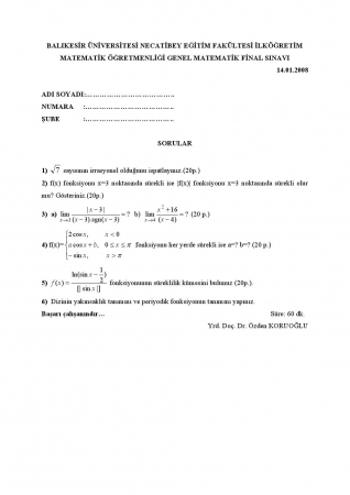 Genel Matematik Final Soruları 2008
