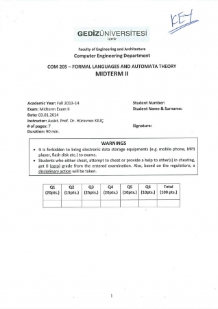 Formal Languages and Automata Theory Second Midterm Exam Questions