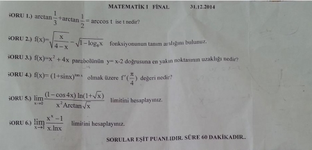 Matematik -1 Final Soruları - 2014 (Müh. Fakültesi)