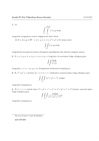Analiz 3 Not Yükseltme Sınav Soruları