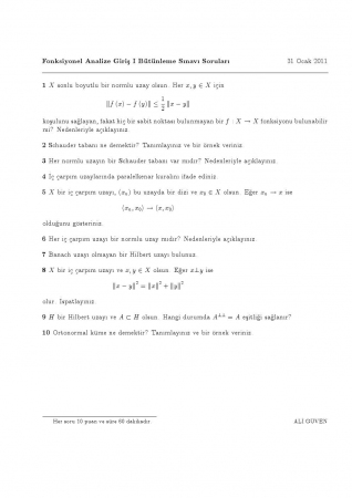 Fonksiyonel Analize Giriş-1 Bütünleme Soruları 2011