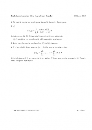 Fonksiyonel Analize Giriş-1 Vize Soruları 2010