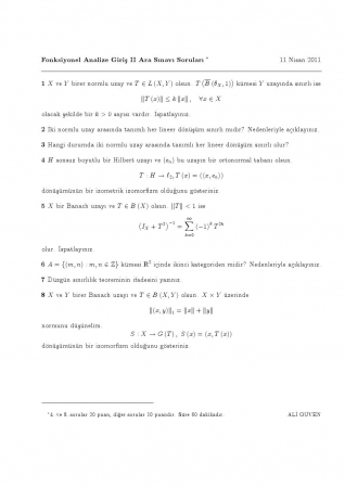 Fonksiyonel Analize Giriş-2 Vize Soruları 2011