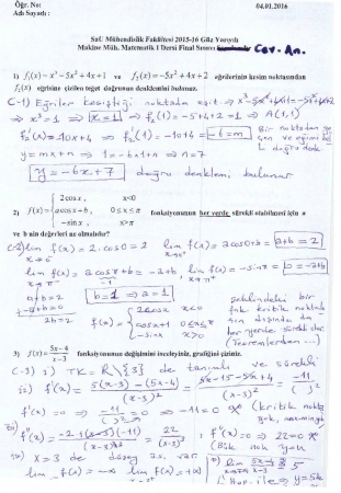 Matematik -1 Final Soruları ve Çözümleri - 2016