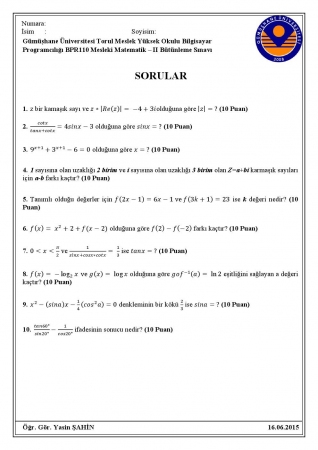 Mesleki Matematik -2 Bütünleme Soruları 2015