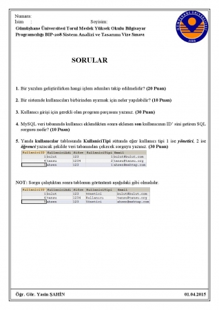 Sistem Analizi ve Tasarımı Vize Soruları 2015