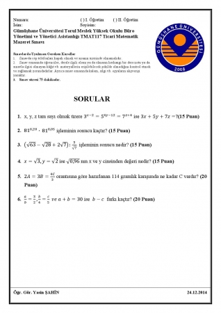 Ticari Matematik Dersi Mazeret Soruları 2014