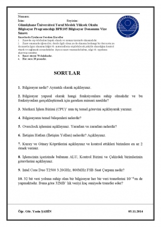 Bilgisayar Donanımı Dersi Vize Soruları 2014