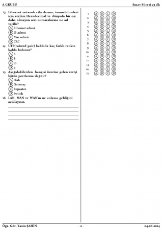 Ağ Temelleri Mazeret Soruları 2014