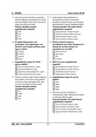 Ağ Temelleri Vize Soruları 2014