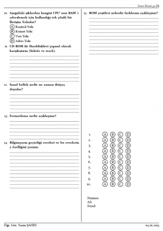 Bilgisayar Donanımı Dersi Final Soruları 2015