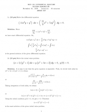 Differential Equations Midterm Examination Questions and Solutions
