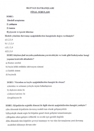 Hayvan Davranışları Dersi Final Soruları