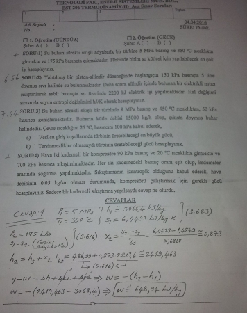 Termodinamik -2 Vize Soruları ve Cevapları - 2016