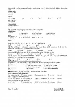Programlamaya Giriş Dersi Final Soruları (A - Grubu)