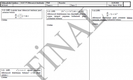 Diferansiyel Denklemler Final Soruları - 2016