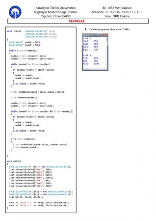 Veri Yapıları Dersi Vize Soruları ve Cevapları - 2015
