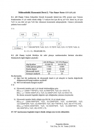 Mühendislik Ekonomisi Dersi 2.Vize Soruları ve Cevapları