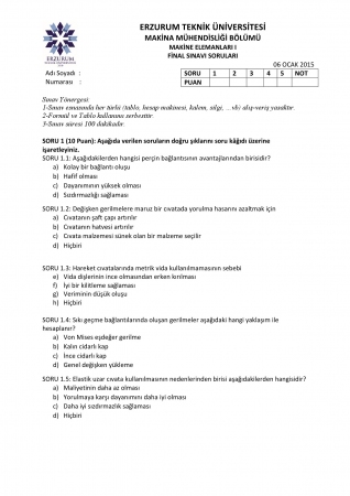 Makine Elemanları -1 Final Soruları ve Cevapları