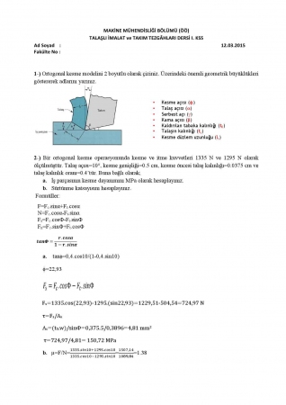 Talaşlı İmalat ve Takım Tezgahları 1.Kısa Sınav Soruları