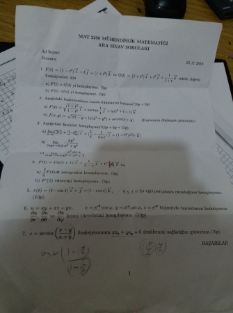 Mühendislik Matematiği Vize Soruları - 2016