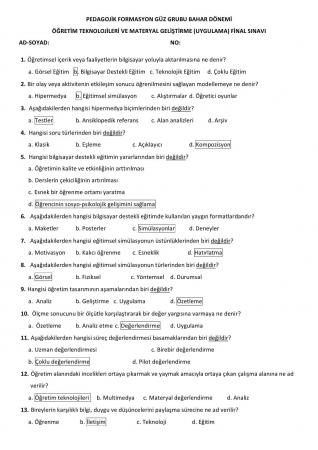 Öğrenim Teknolojileri ve Materyal Geliştirme Dersi Final Soruları