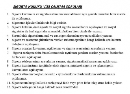 Sigorta Hukuku Vize Çalışma Soruları