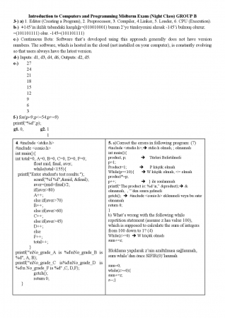 Bilgisayar Programlama Dersi Vize Soruları GECE