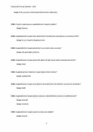 Girişimcilik ve Proje Yönetimi Çalışma Soruları