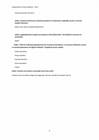 Girişimcilik ve Proje Yönetimi Çalışma Soruları