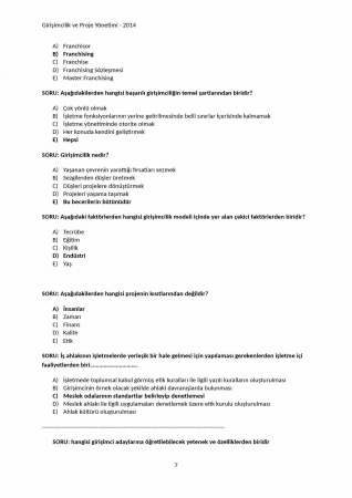Girişimcilik ve Proje Yönetimi Çalışma Soruları