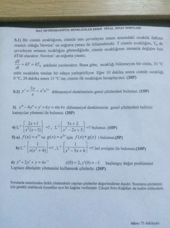 Diferansiyel Denklemler Dersi Final Soruları