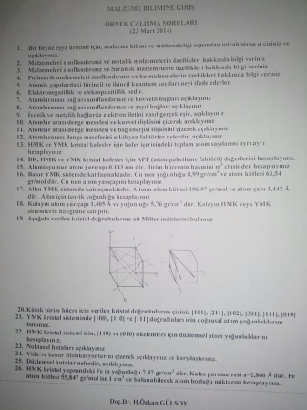 Malzeme Bilimine Çalışma Soruları