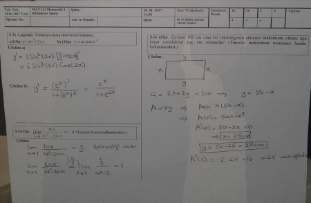 Matematik -1 Bütünleme Soruları ve Çözümleri - 2017