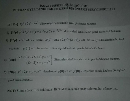 Diferansiyel Denklemler Bütünleme Sınavı Soruları