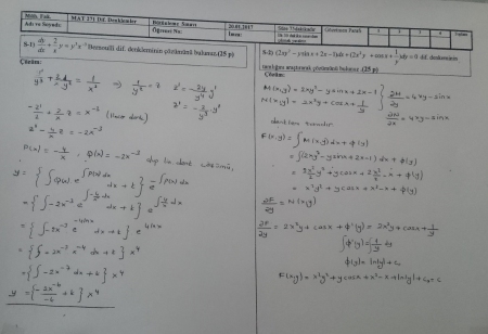 Diferansiyel Denklemler Bütünleme Soruları ve Çözümleri - 2017