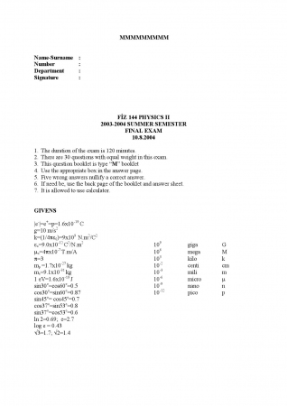 Physics - 2 Summer Semester Final Exam Questions