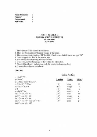 Physics - 2 Spring Semester Midterm - 1 Questions