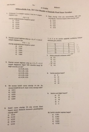 Olasılık ve İstatistik Final Soruları - Mühendislik Fakültesi