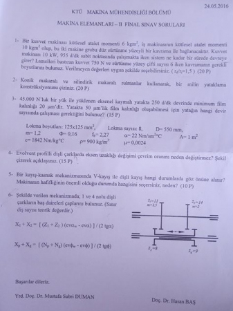 Makine Elemanları -2 Final Sınav Soruları