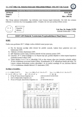 Elektrik Tesislerinin Projelendirilmesi Final Soruları ve Cevapları